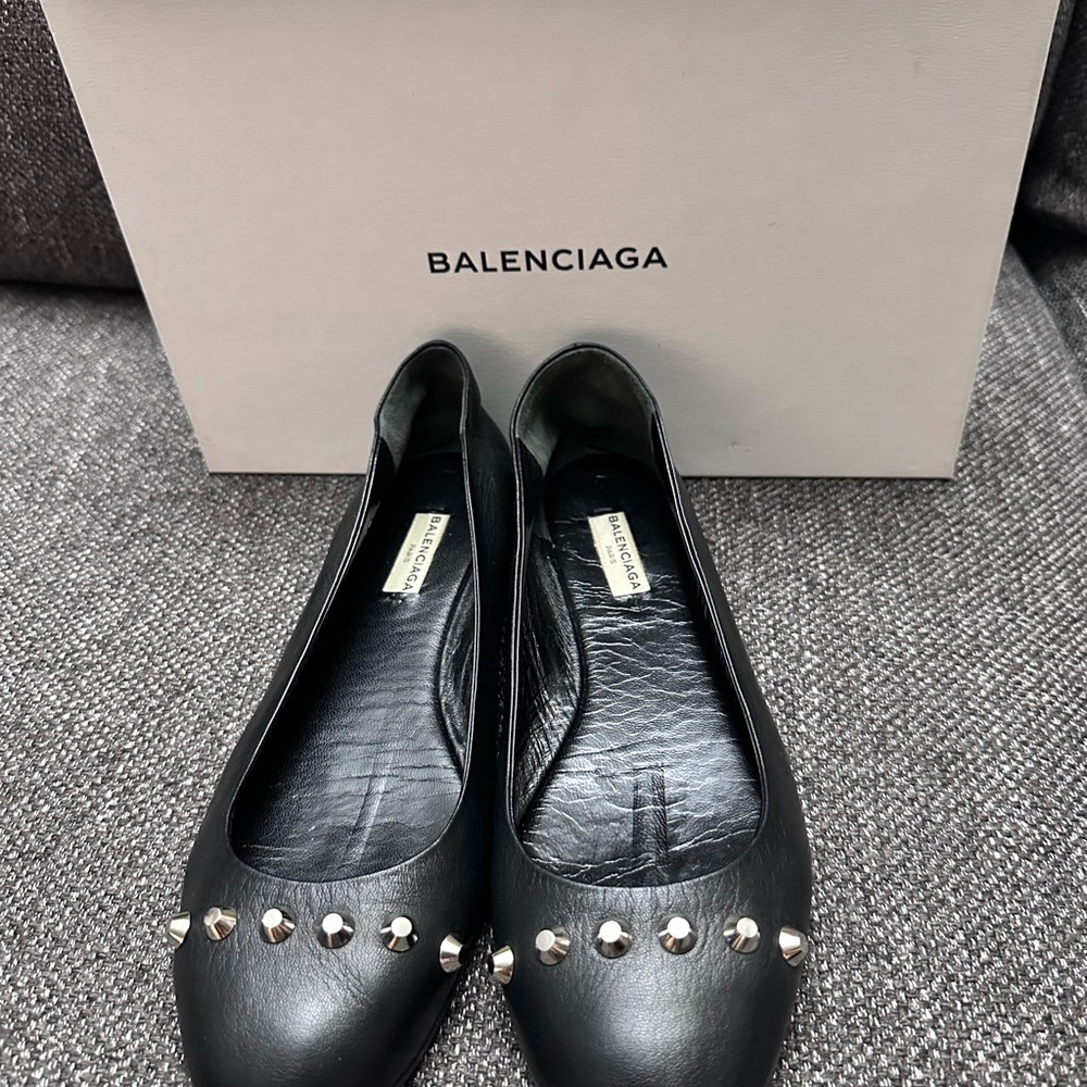 Balenciaga Black Leather Flats with Silver Studs